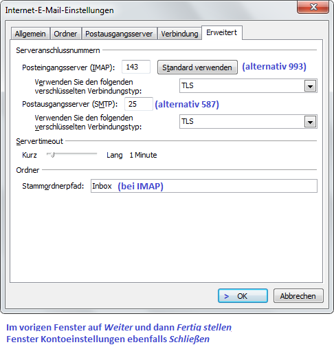 Erweiterte Kontoeinstellungen IMAP