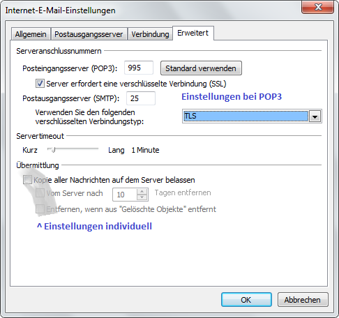 Erweiterte Kontoeinstellungen POP3